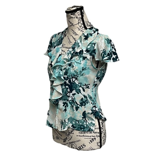 Kasper Floral Blouse Ruffled Button Up 4P Womens Fairy Whimsical Sheer Coastal - Picture 2 of 8